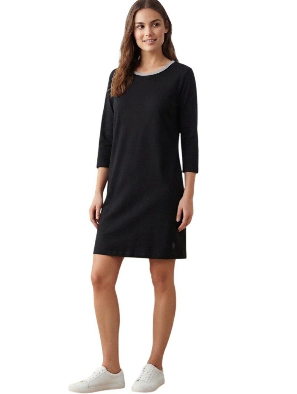Ralph Lauren NWT Navy Gray Trim Logo Cotton Knit Sheath Dress Size L